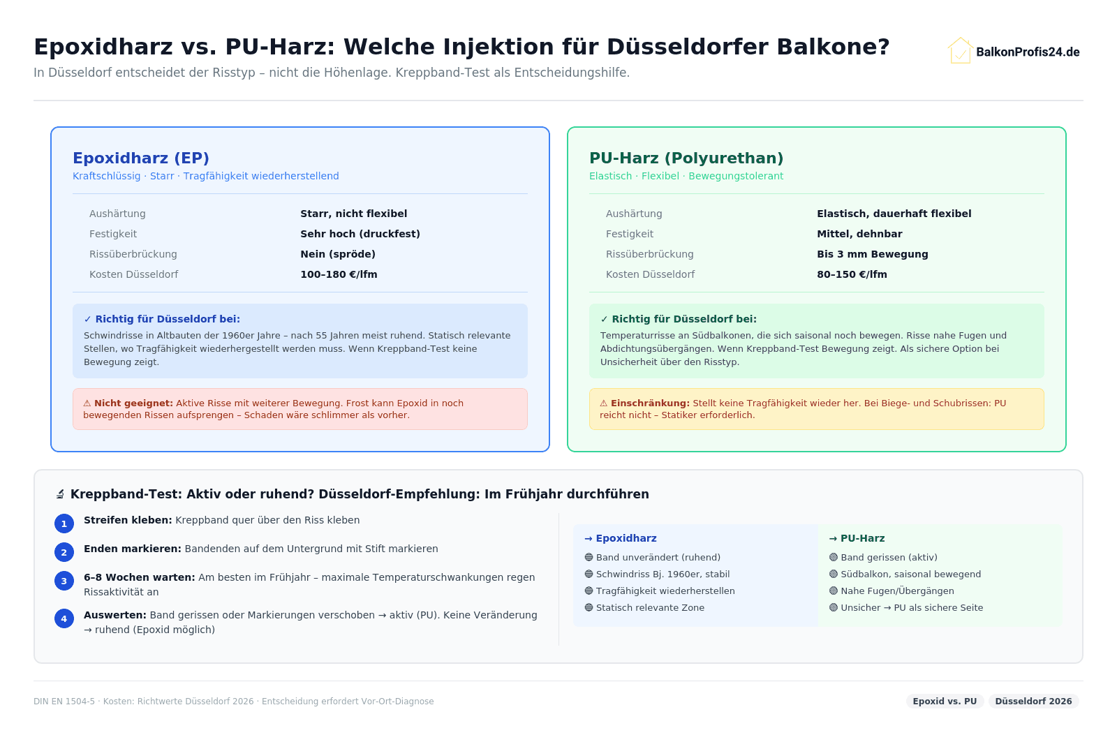 Infografik: Epoxidharz vs. PU-Harz Düsseldorf – Epoxid (starr, 100–180 €/lfm, ruhende Schwindrisse Bj. 1960er), PU (elastisch, 80–150 €/lfm, aktive Risse, Südbalkone). Kreppband-Test: 6–8 Wochen im Frühjahr – Bewegung = PU, keine Bewegung = Epoxid möglich.