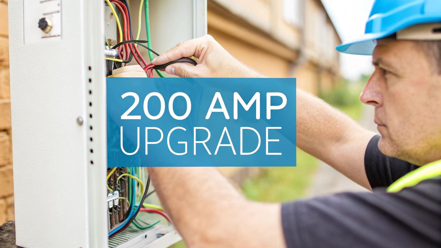 a close up of a man servicing an electric box and a blue banner with the text '200 amp upgrade'