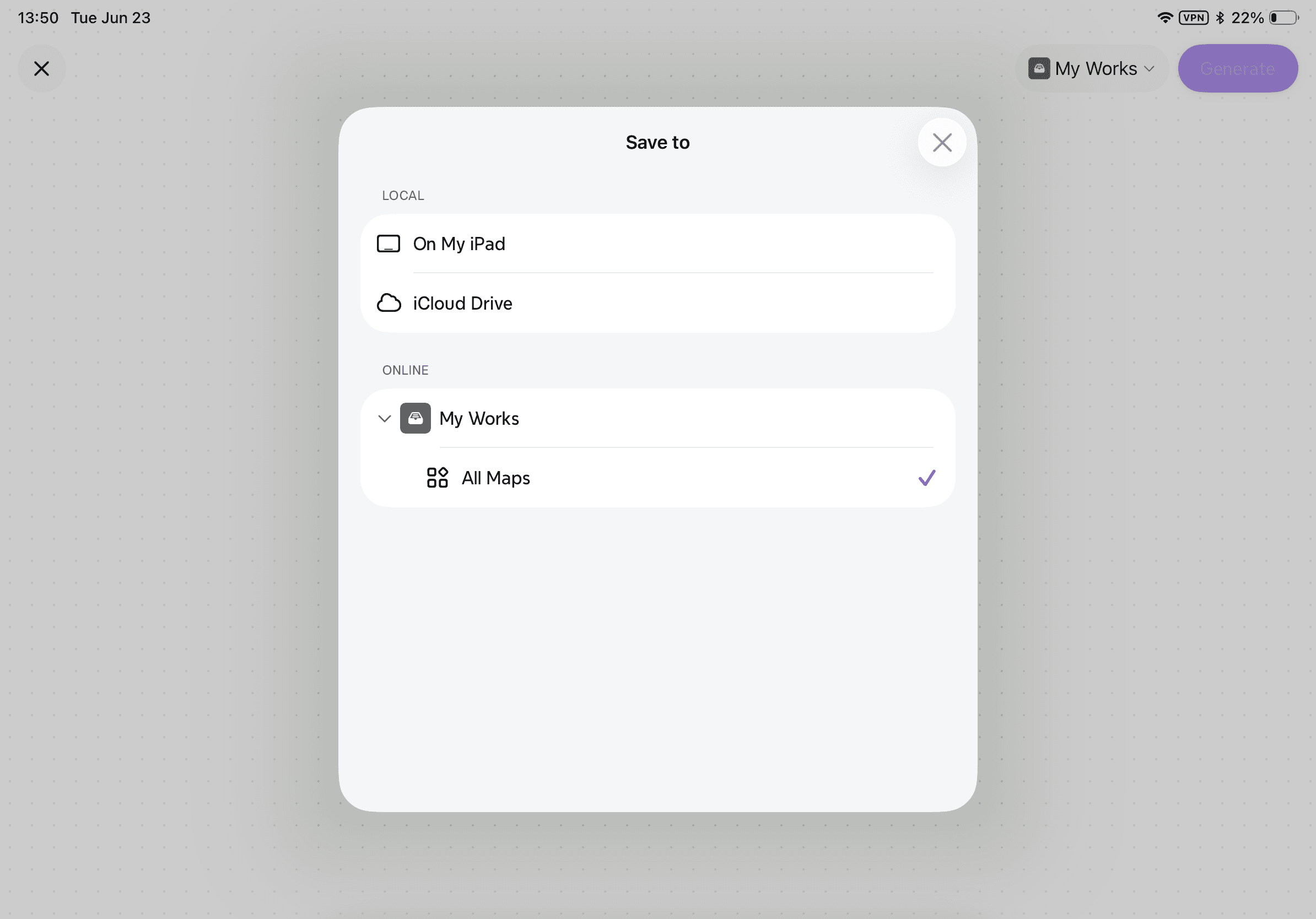 A screenshot of the save location options in Xmind, showing local and cloud storage choices for a Draw to Map file.