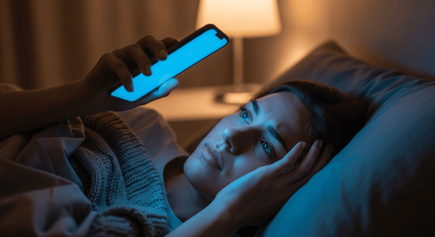 A young woman lying in bed at night looking at an unanswered text conversation on her phone