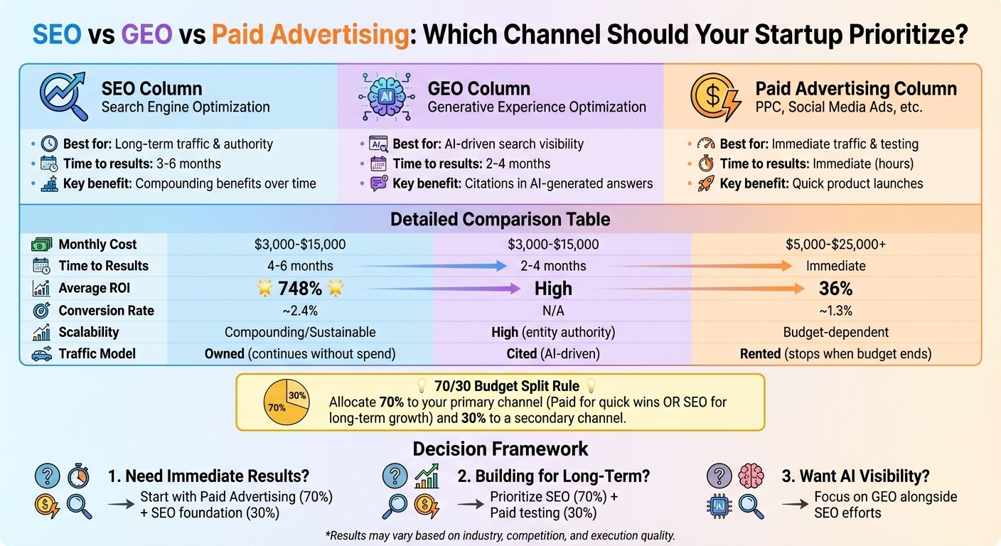 SEO vs GEO vs Paid Advertising: Cost, Timeline, and ROI Comparison for Startups