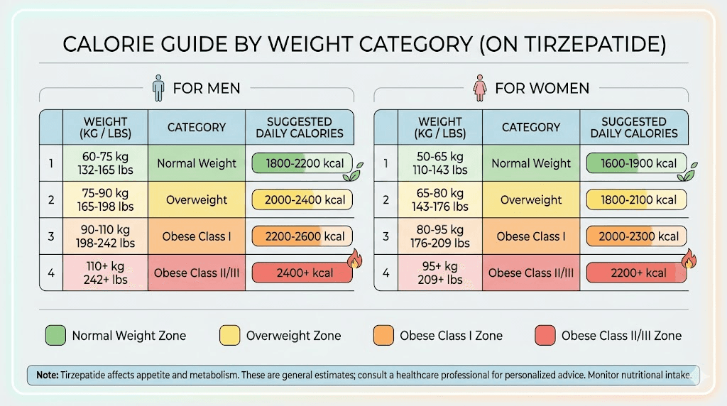 Calorie targets for tirzepatide users organized by body weight and gender
