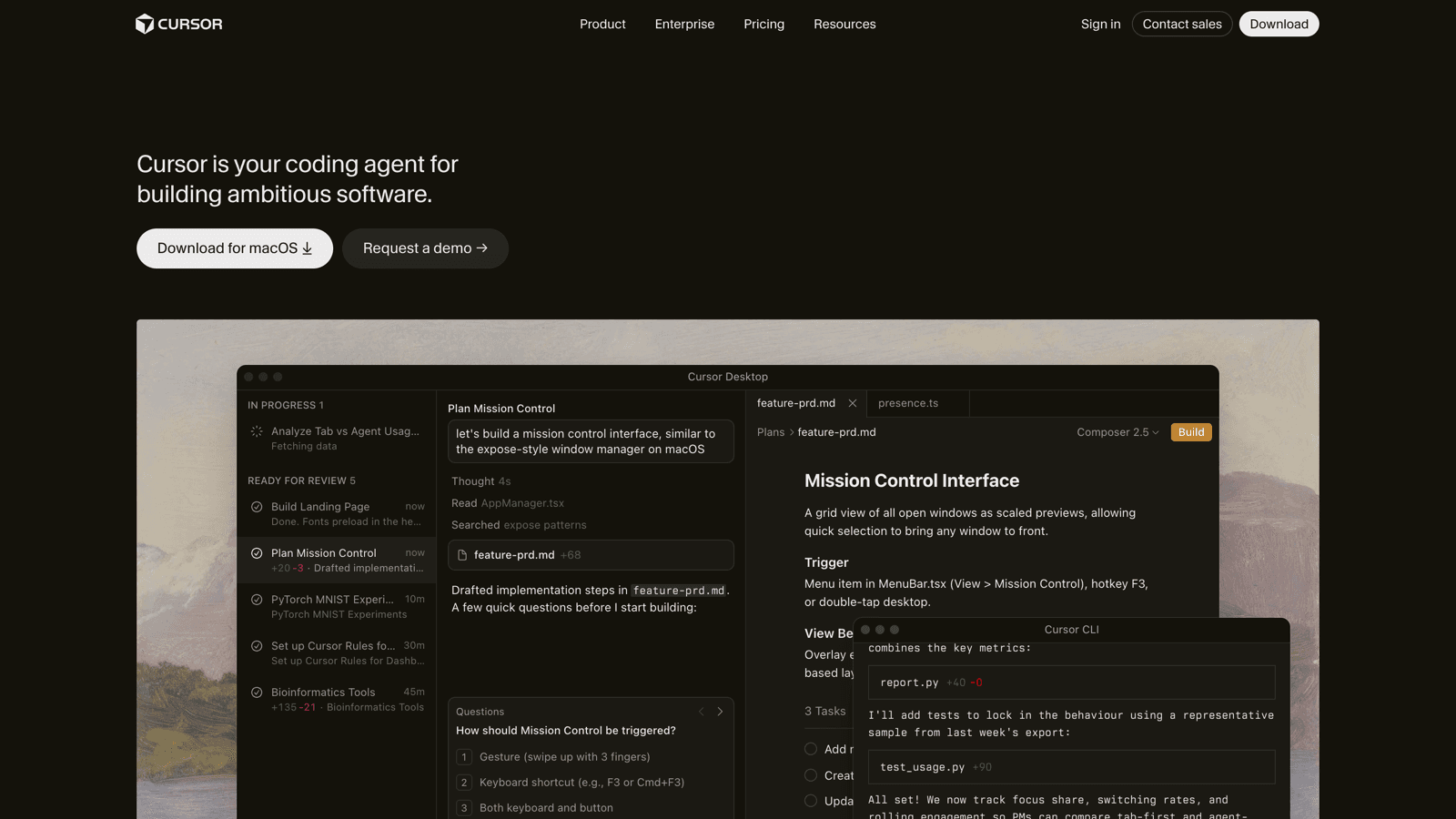 Cursor homepage describing the coding agent for building ambitious software