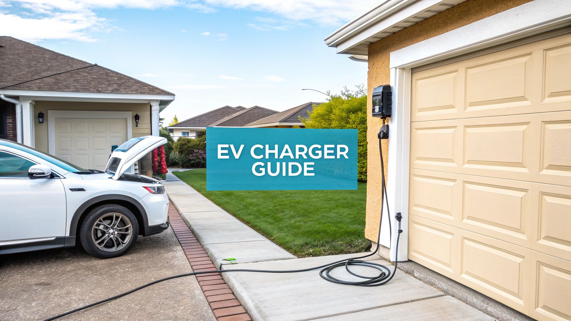 a car in a driveway with an electric vehicle charger attached to the wall - a blue text banner in the background with the text 'ev charger guide'