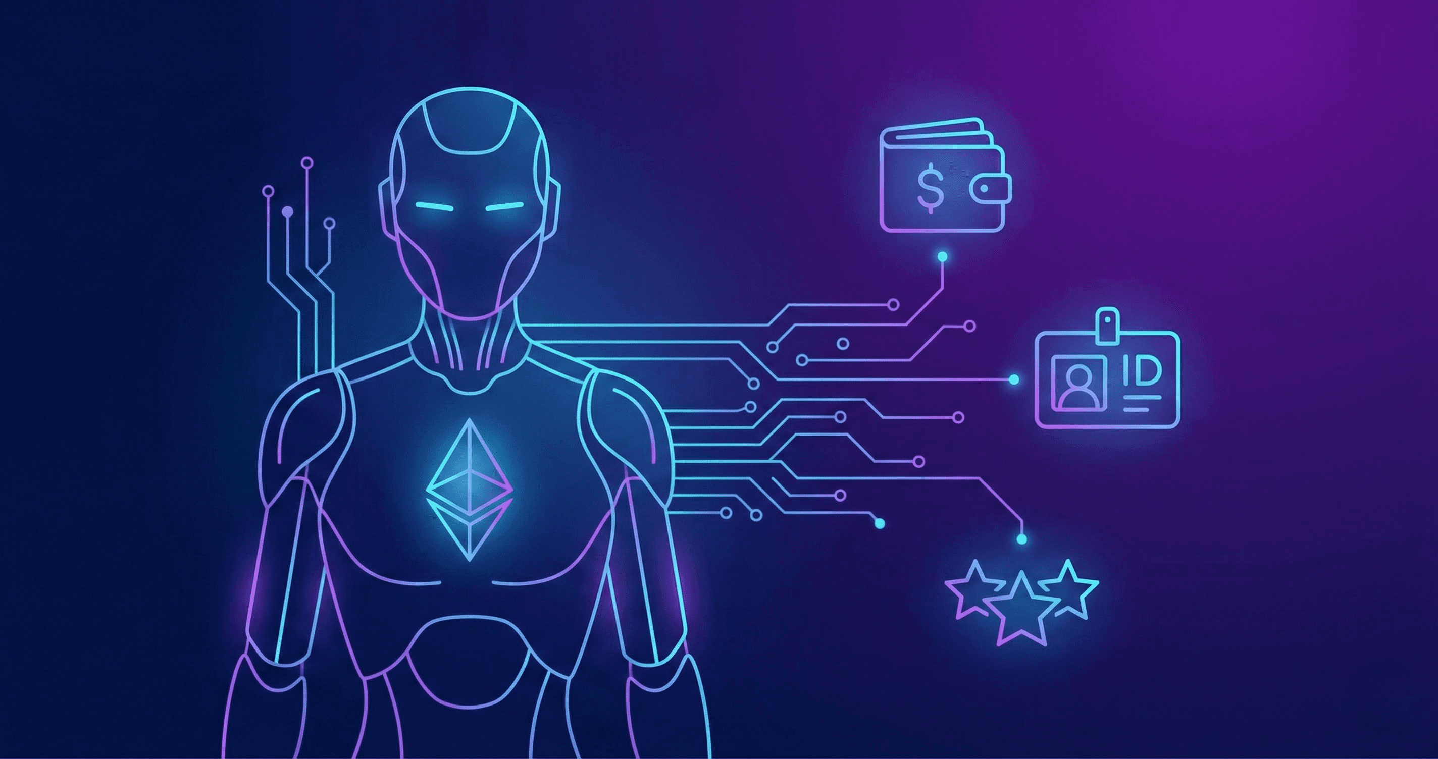 AI agent robot connected to Ethereum blockchain with wallet identity and payment symbols