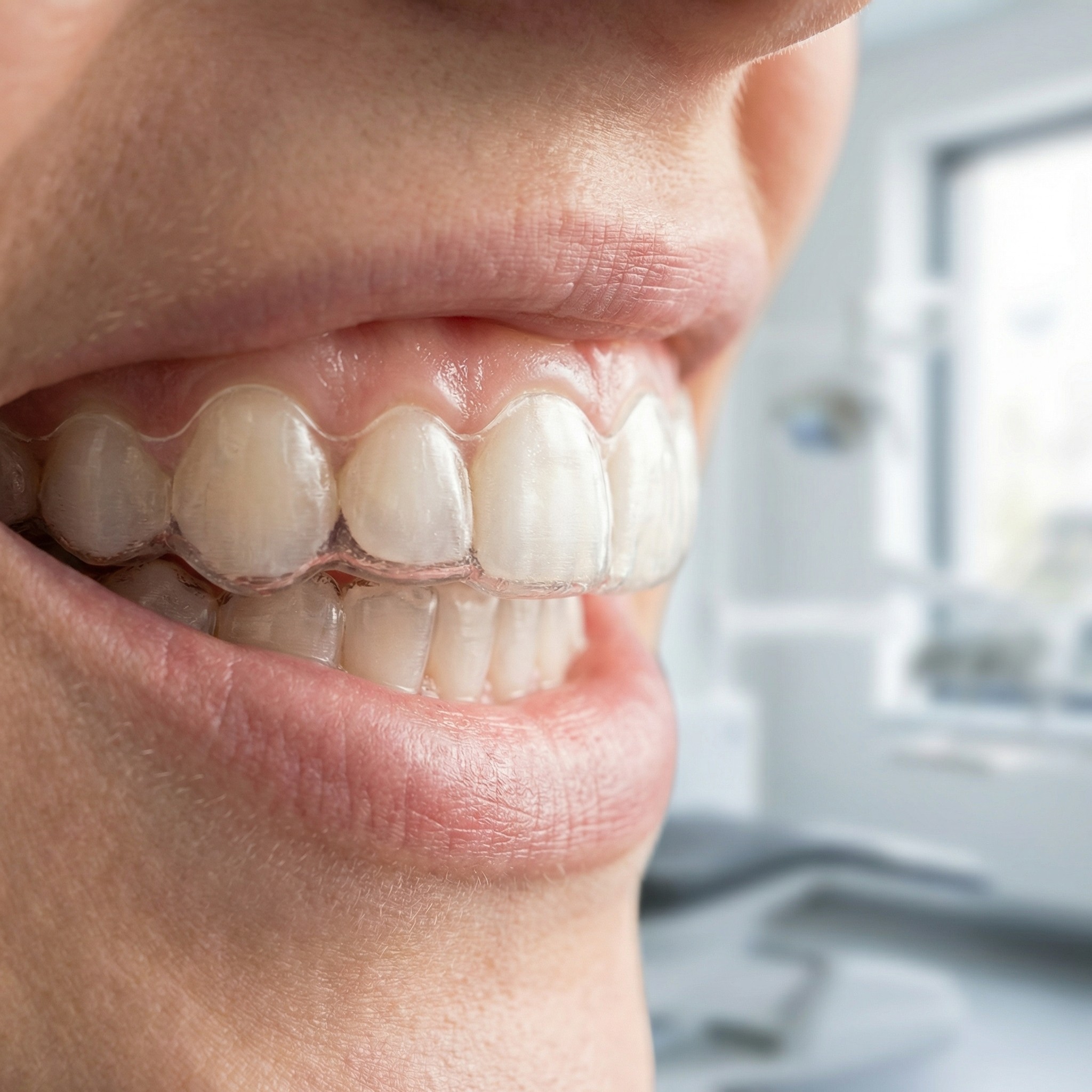 Close-up of transparent Invisalign clear aligner on teeth showing nearly invisible orthodontic treatment at Meadowbrook Dental