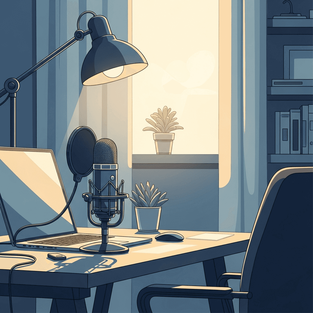 A professional workspace setup showing a high-quality USB microphone on a desk with a laptop, in a clean quiet environment. Modern minimalist style with soft lighting, clean background, focus on the microphone as the hero element. Warm professional color palette with blues and grays. Illustration style, vector-like quality, no people visible.