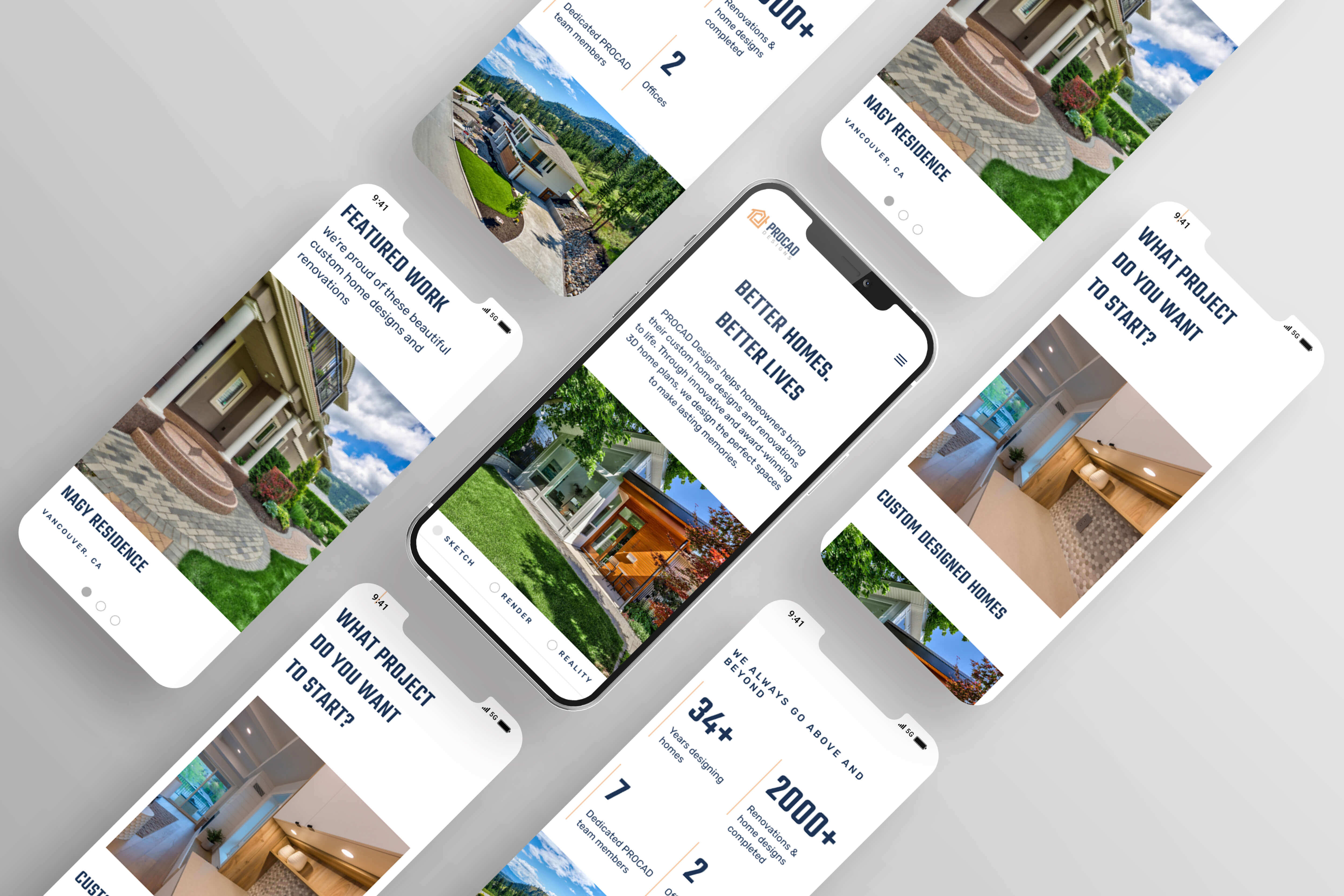 Phone mockups showing a home designer's website across multiple screens