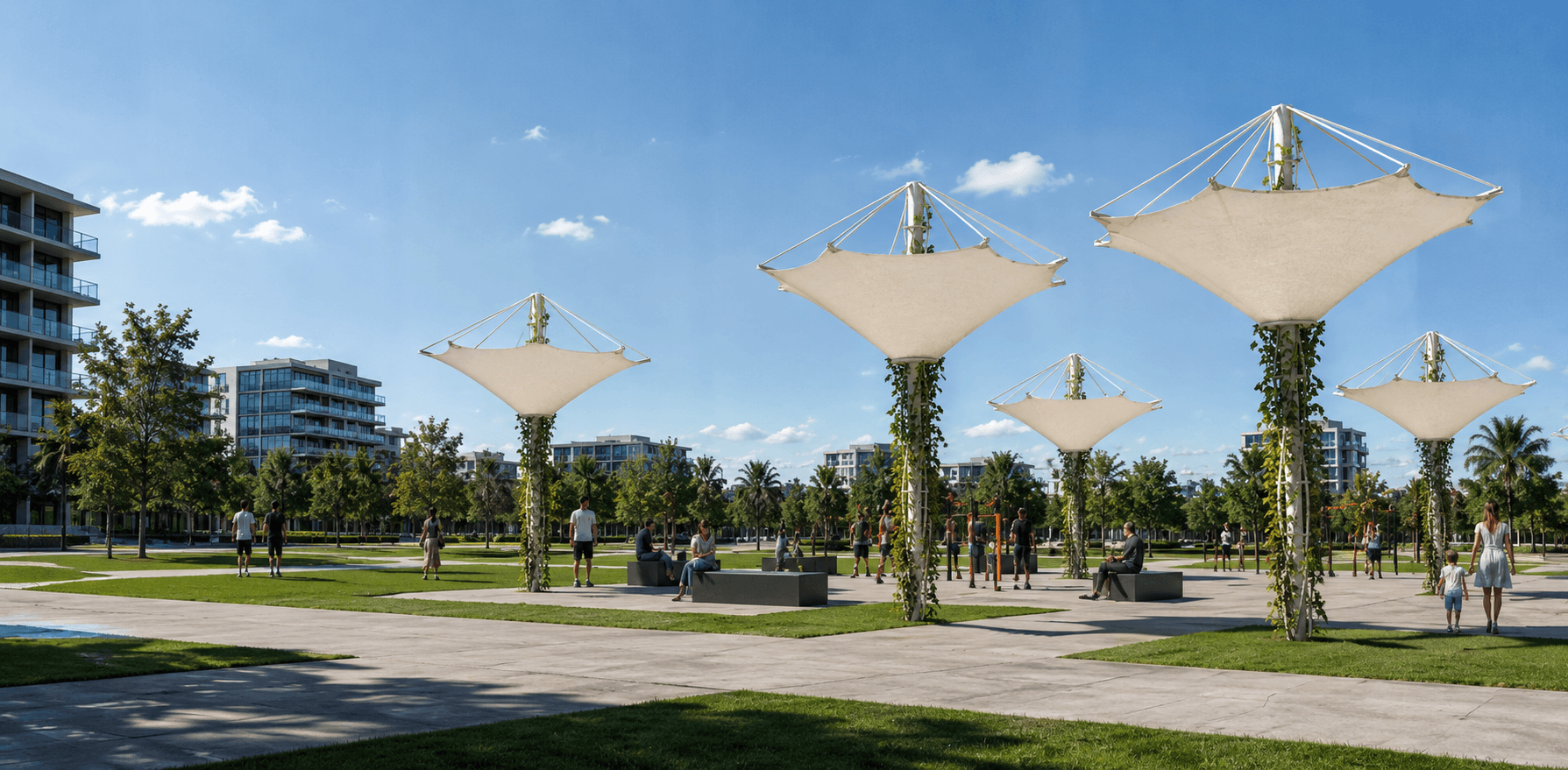 Park with several large beige umbrella-like sunshades on greened columns surrounded by people and modern buildings in the background.