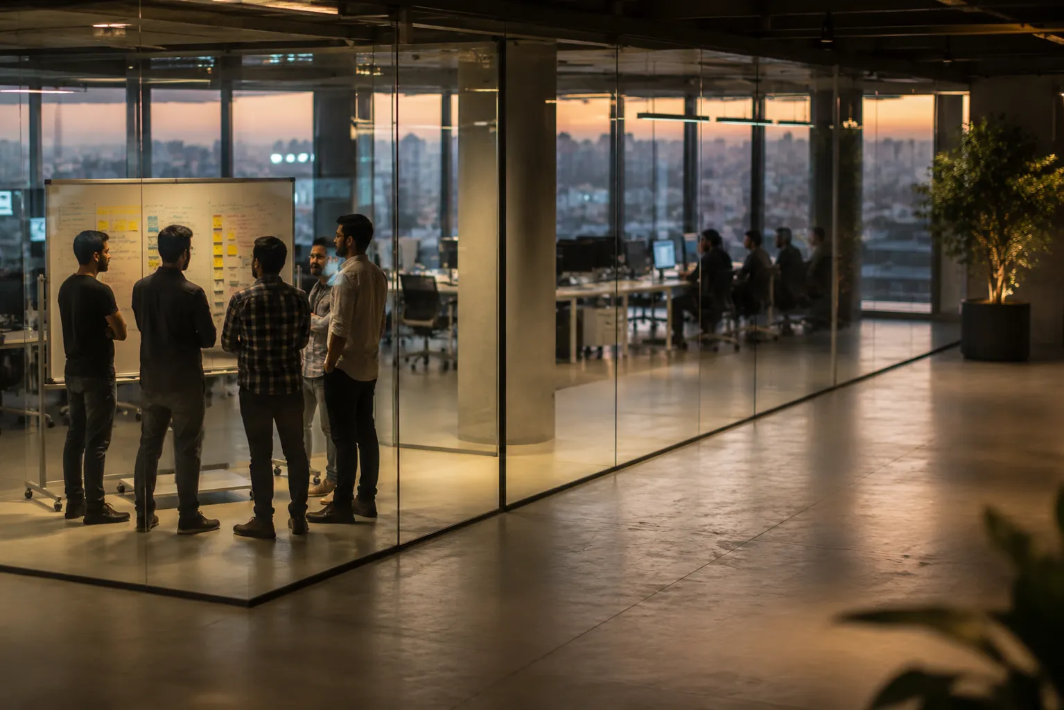 glass-walled-engineering-team-discussion-at-dusk