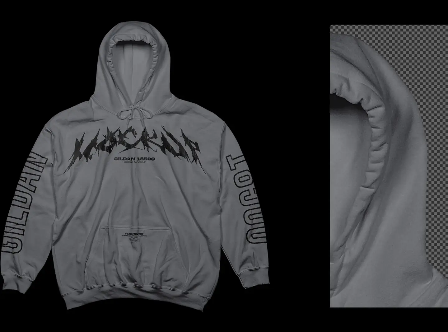 Gildan 18500 Hoodie Front+Side mockup fabric detail close up high resolution