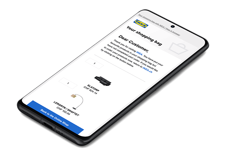 Smartphone displaying a Sovendus Optimize cart abandonment email