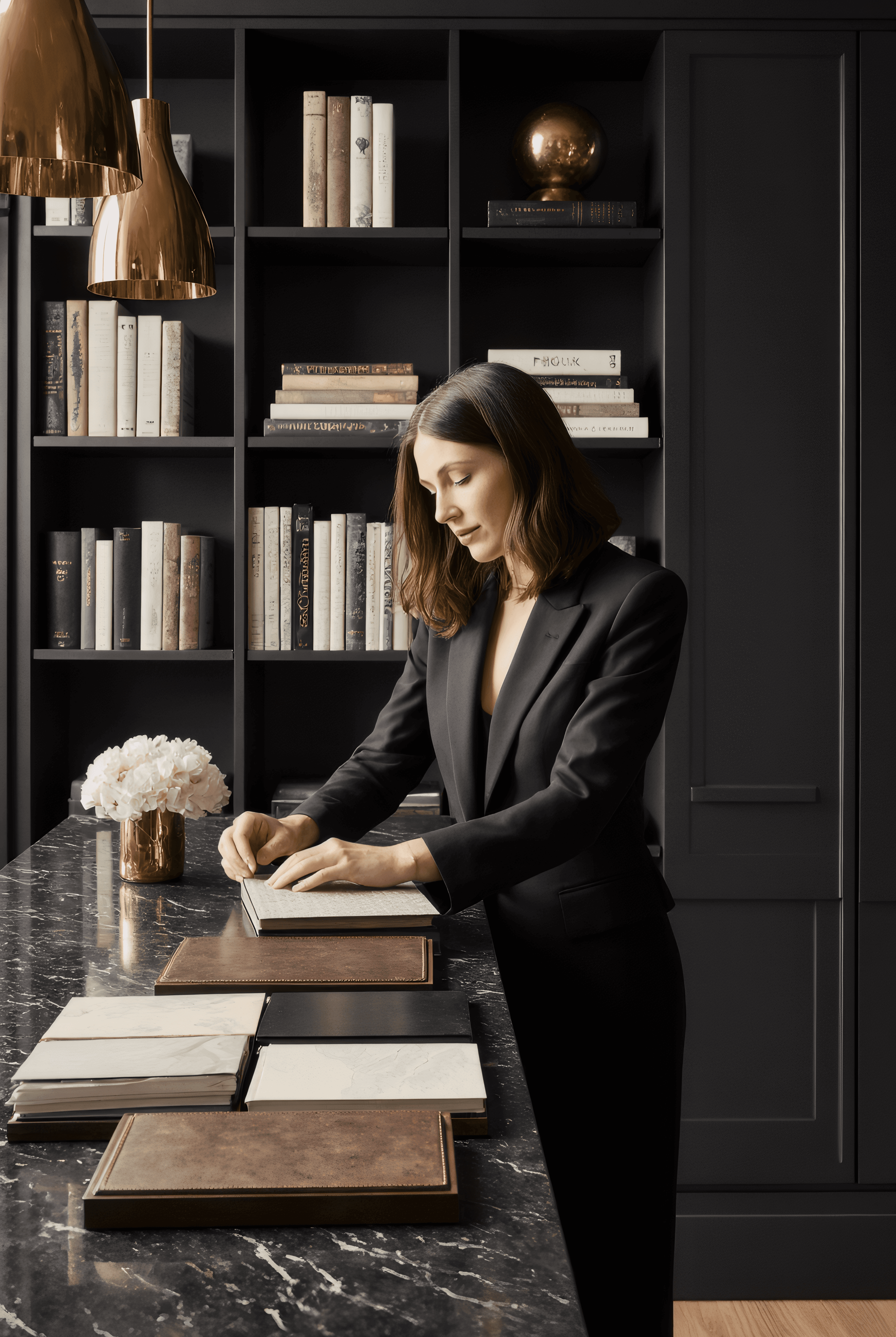 Interior designer organizing fabric swatches and finishes in a studio environment.