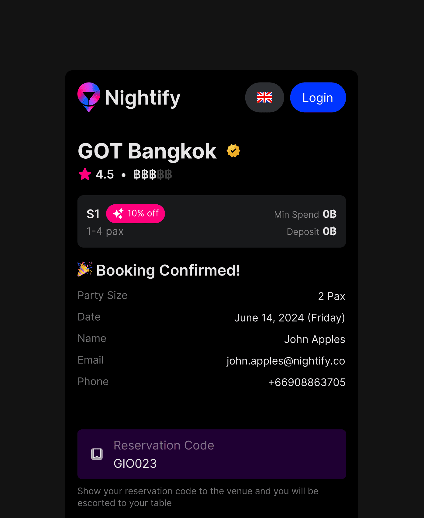 Mobile UI design for the Nightify booking confirmation screen. Features a clean, dark-mode summary of reservation details including party size, date, and a unique purple-branded "Reservation Code" for venue check-in.