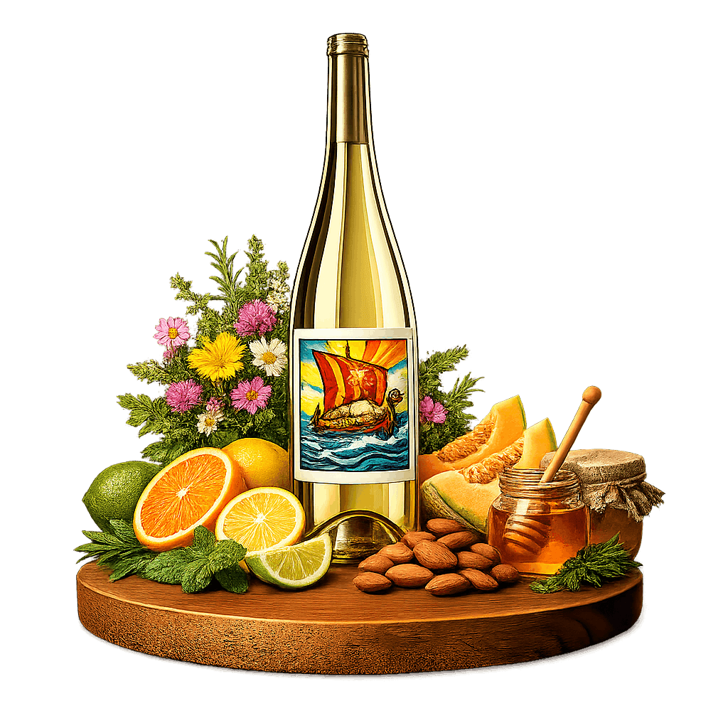 Artistic label and flavor profile for Lebanese Merwah on a rustic wooden table.