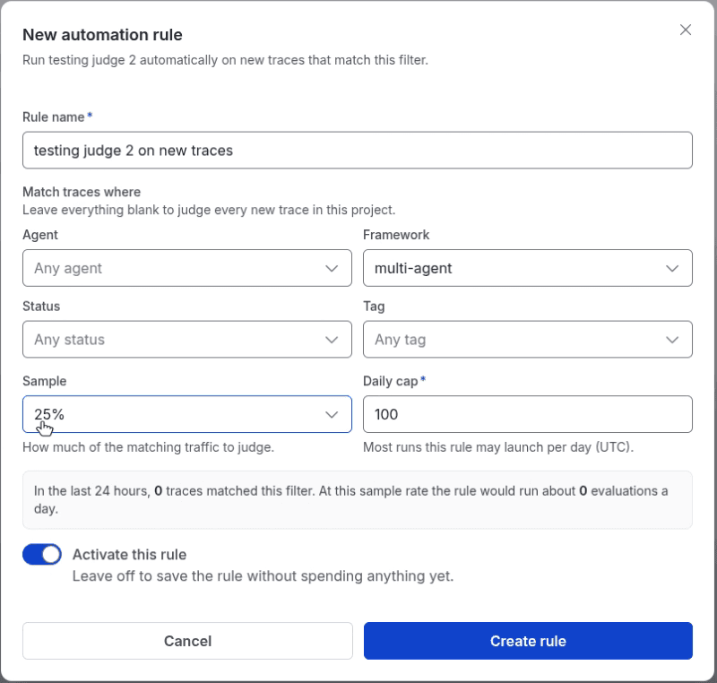 The rule dialog: filter, sample rate, daily cap, and the activate switch