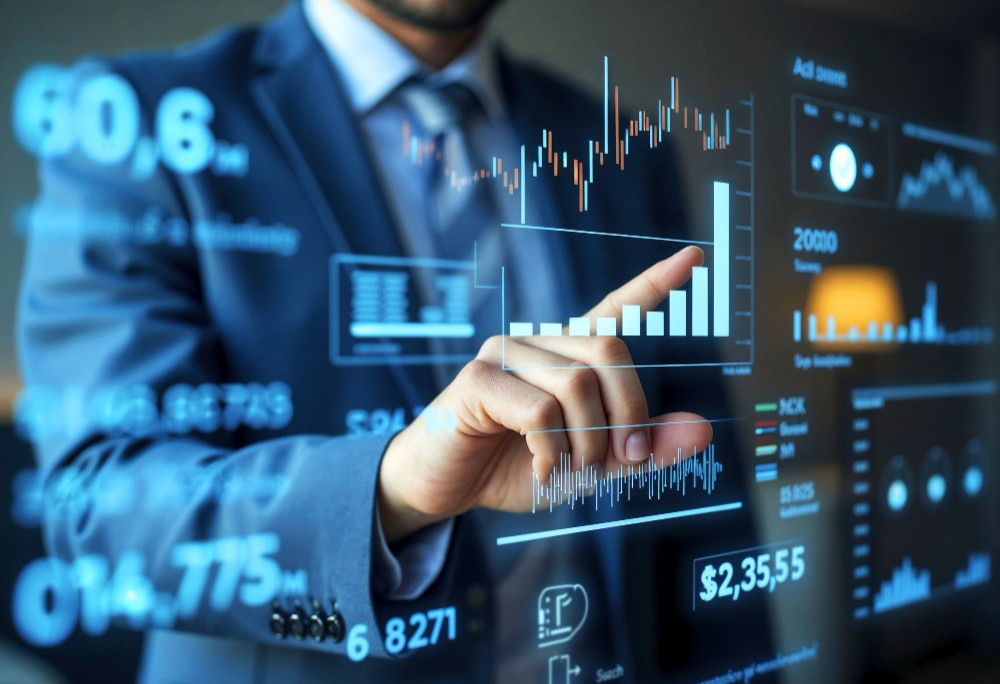 Man playing with holographic charts