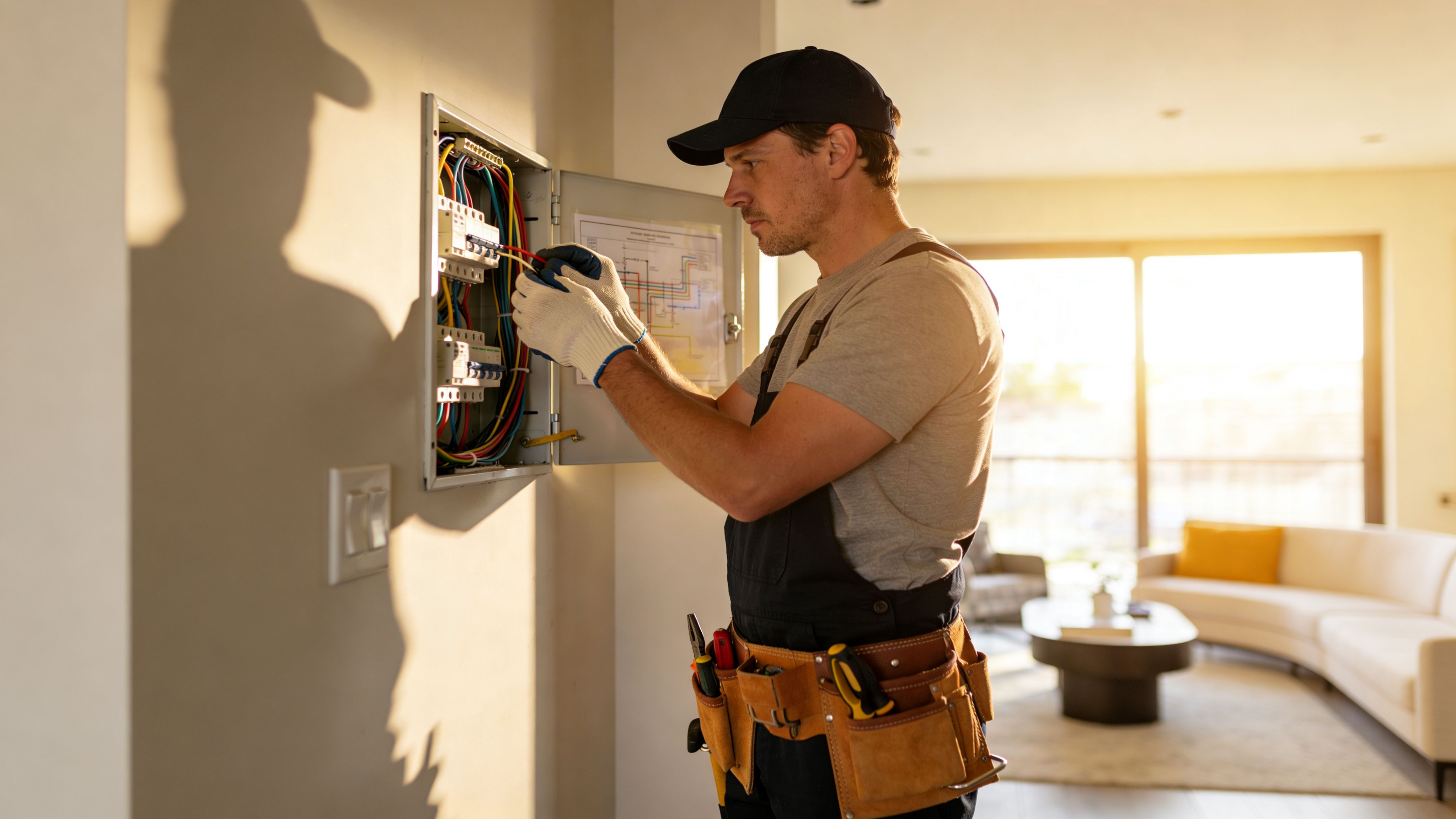 Residential electrician wiring home fuse box with tool belt in sunlit living room