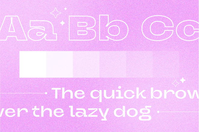 Typography treatments in an outlined serif font, squares representing shades in a color palette, and other typography for a solid serif font
