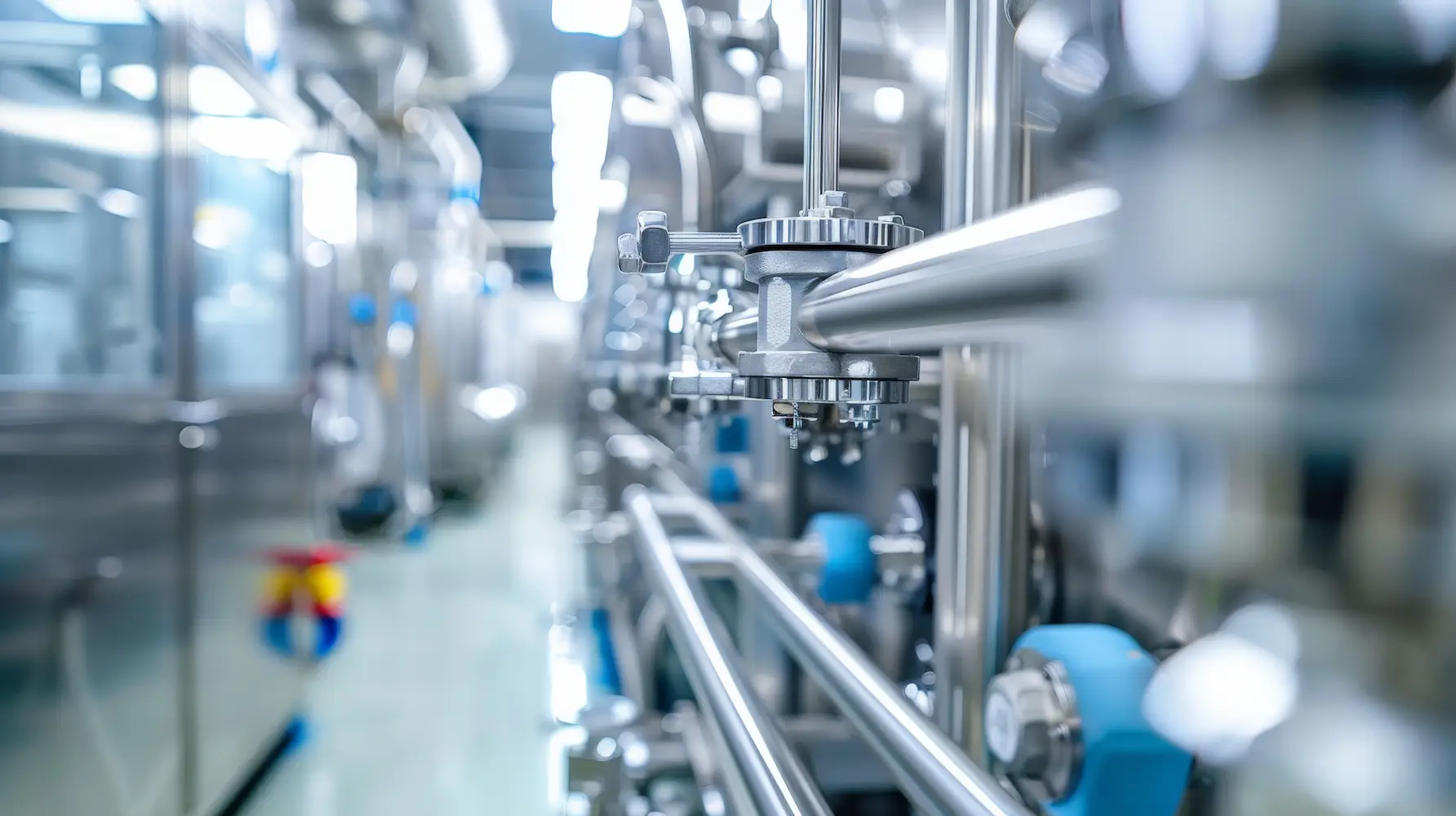 Tuyauterie, vannes et raccords en inox sur une ligne de production d'usine, au premier plan net sur fond flou.