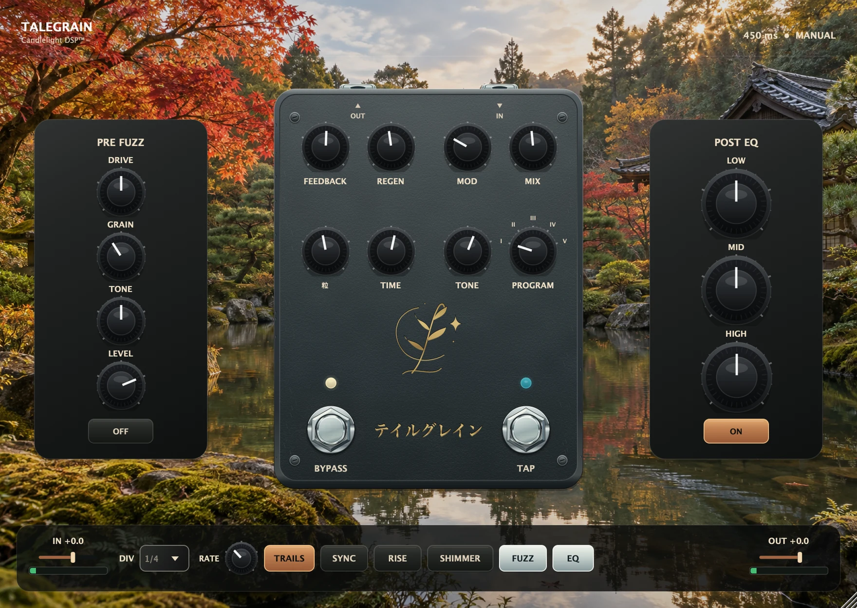 Actual TaleGrain 1.0.0 software interface with pre fuzz, granular controls, post EQ and input/output gain, on the approved Japanese garden background