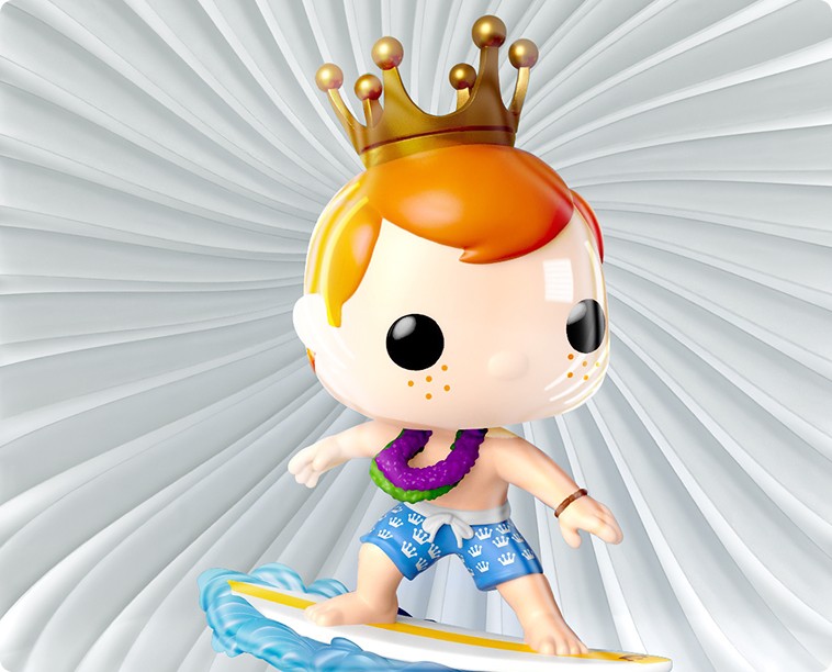 Freddy Funko on a surfboard on a textured background