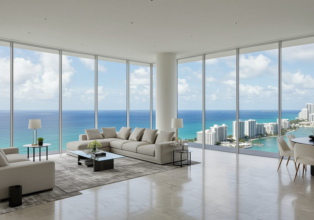 A bright penthouse living room with floor-to-ceiling windows on the sea