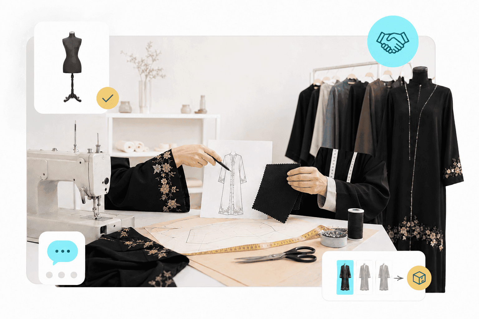 مراجعة تصميم العباية والقماش مع خياط أو معمل متخصص