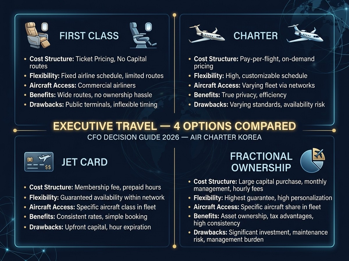 Executive travel comparison — first class vs private jet vs jet card vs fractional ROI 2026