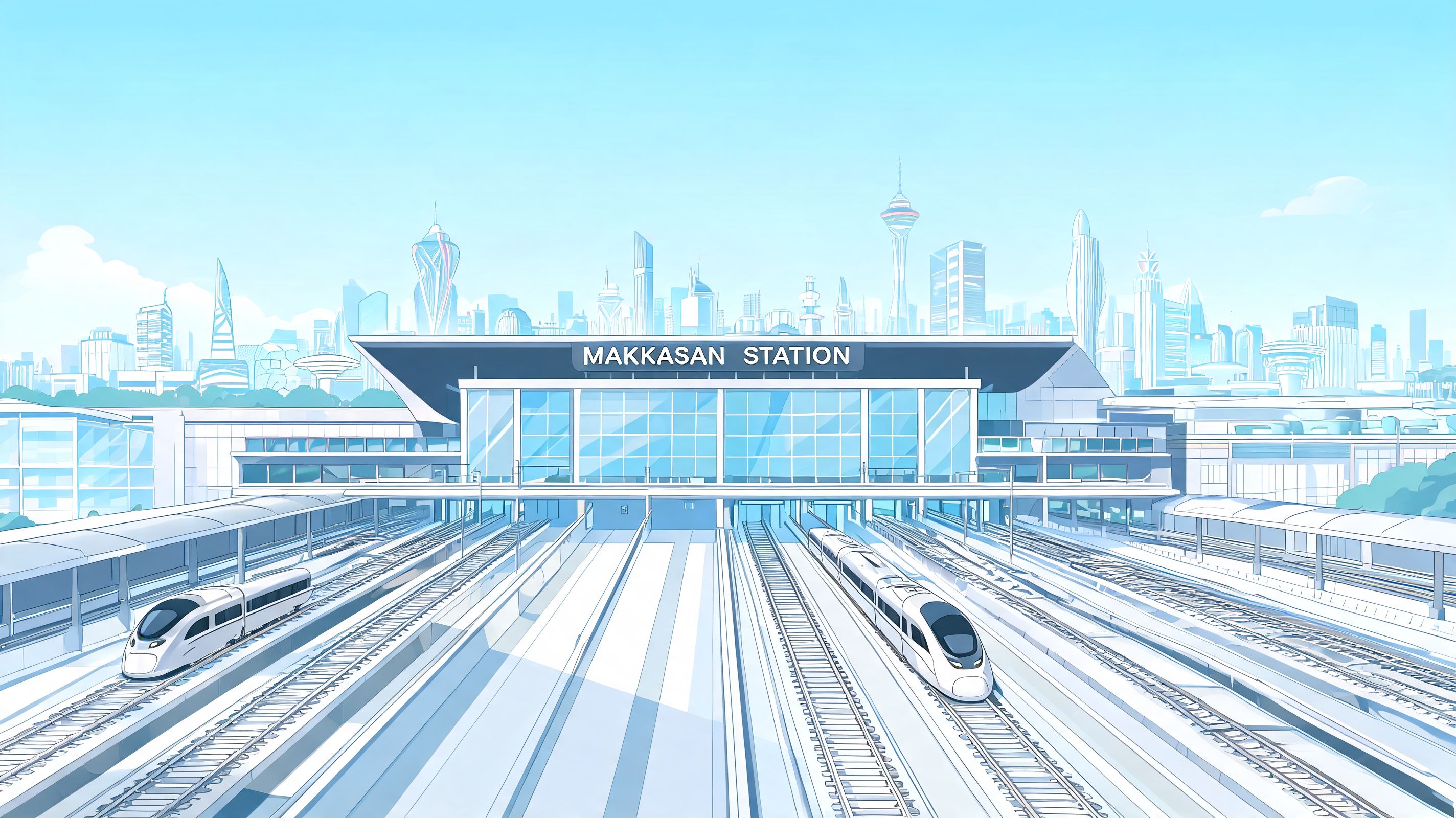 A scenic, anime-style illustration of the modern Makkasan Station in Bangkok surrounded by a futuristic city skyline.