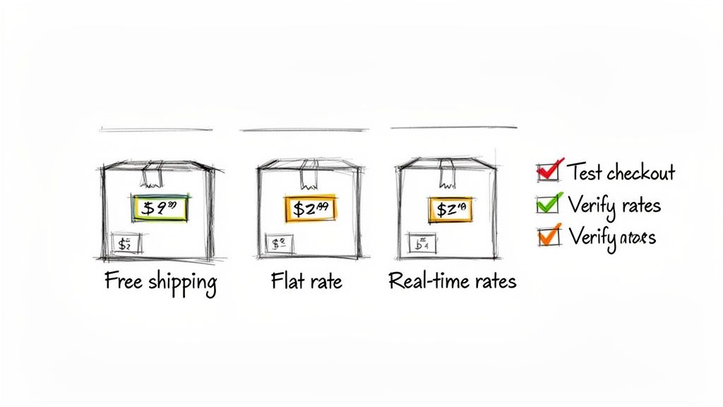 Diagram showing free, flat, and real-time shipping options with checkout verification checklist.