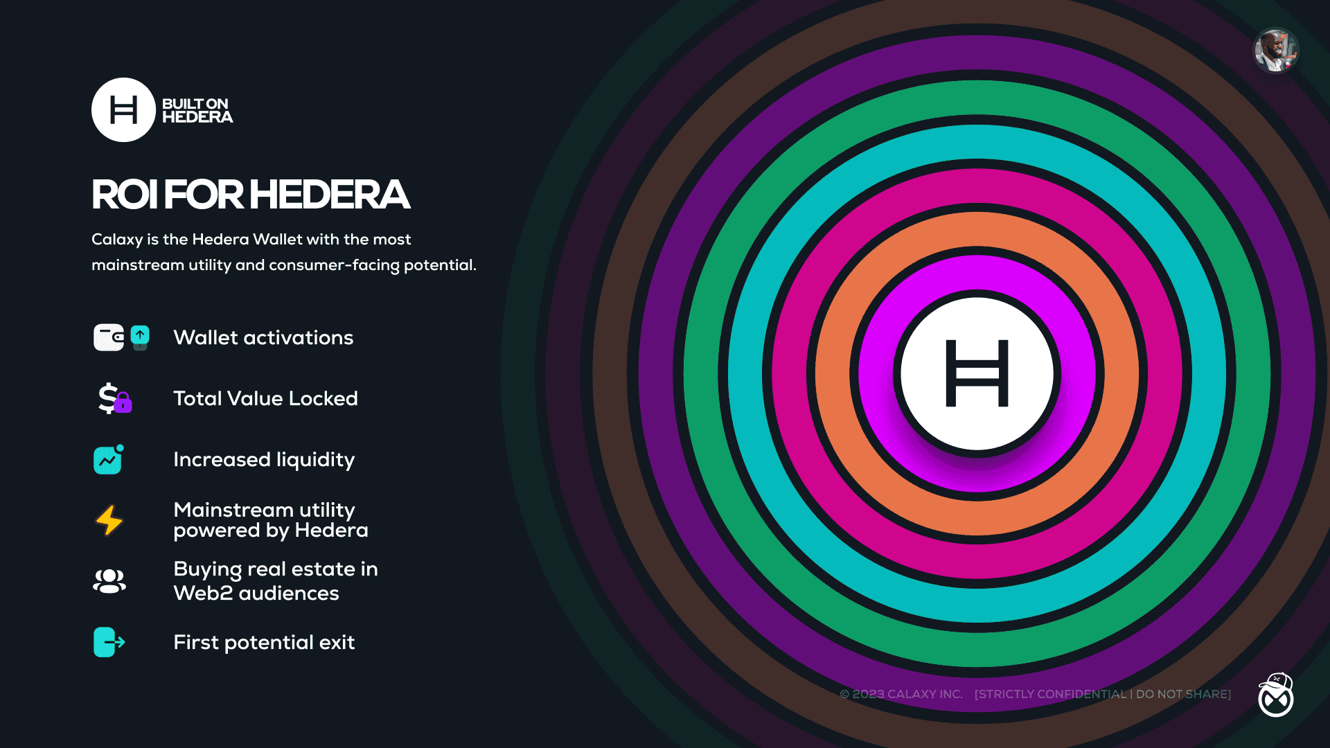 Strategic ROI slide demonstrating Calaxy’s value proposition for Hedera, including wallet activations, total value locked, increased liquidity, mainstream utility, and ecosystem expansion.