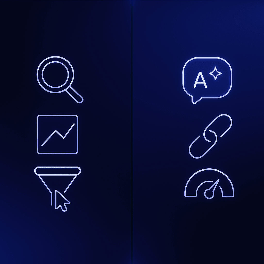 Side-by-side icons comparing traditional SEO KPIs with AI-era citation and sentiment metrics.