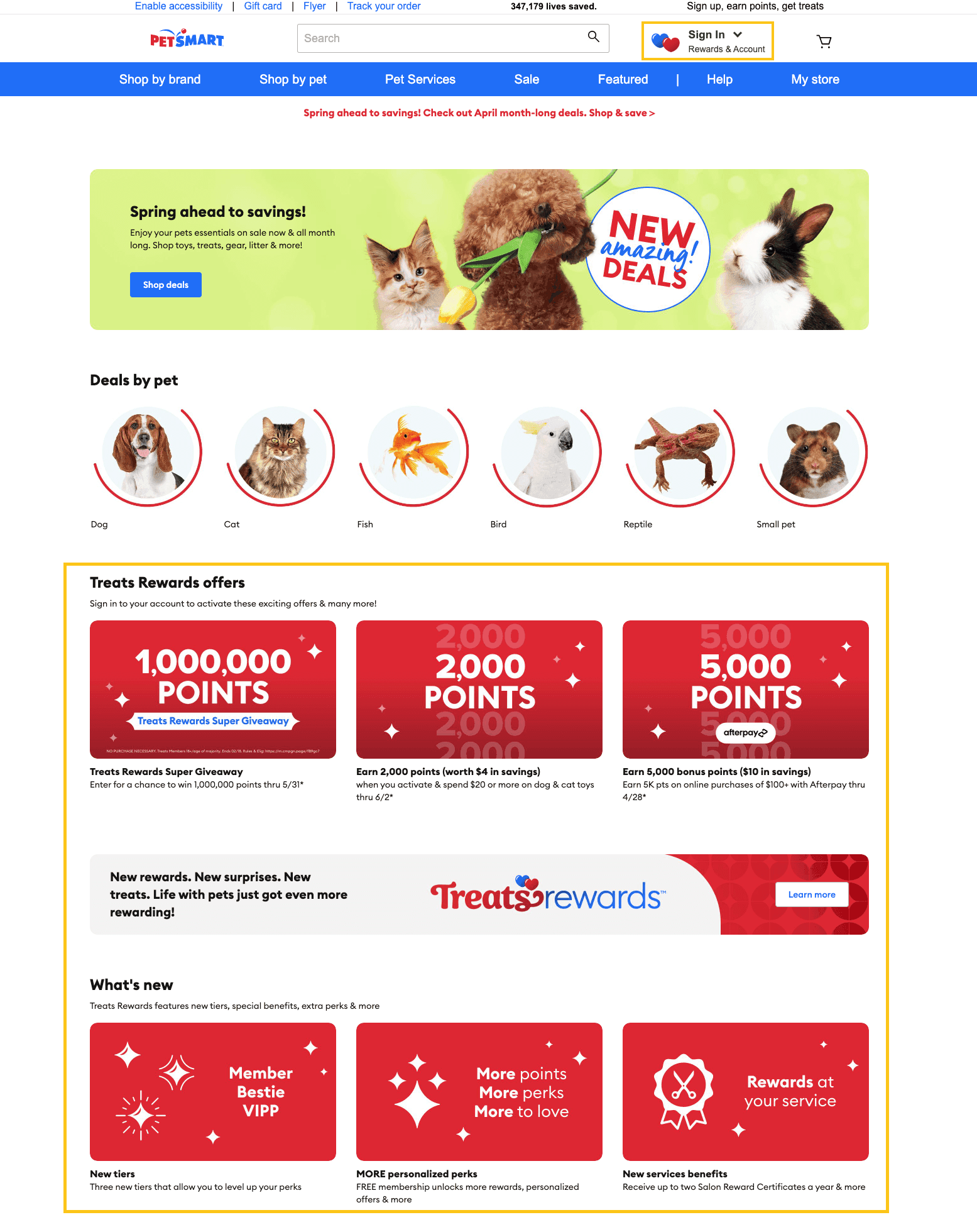 PetSmart Treats Rewards loyalty program homepage example featuring tiered point promotions (1M-point Super Giveaway, 2,000 bonus points on dog & cat toy purchases, 5,000 points via Afterpay), pet category navigation (Dog, Cat, Fish, Bird, Reptile, Small pet), and updated program structure with three tiers: Member, Bestie, VIPP — illustrating a retail loyalty program with gamification and partner integrations