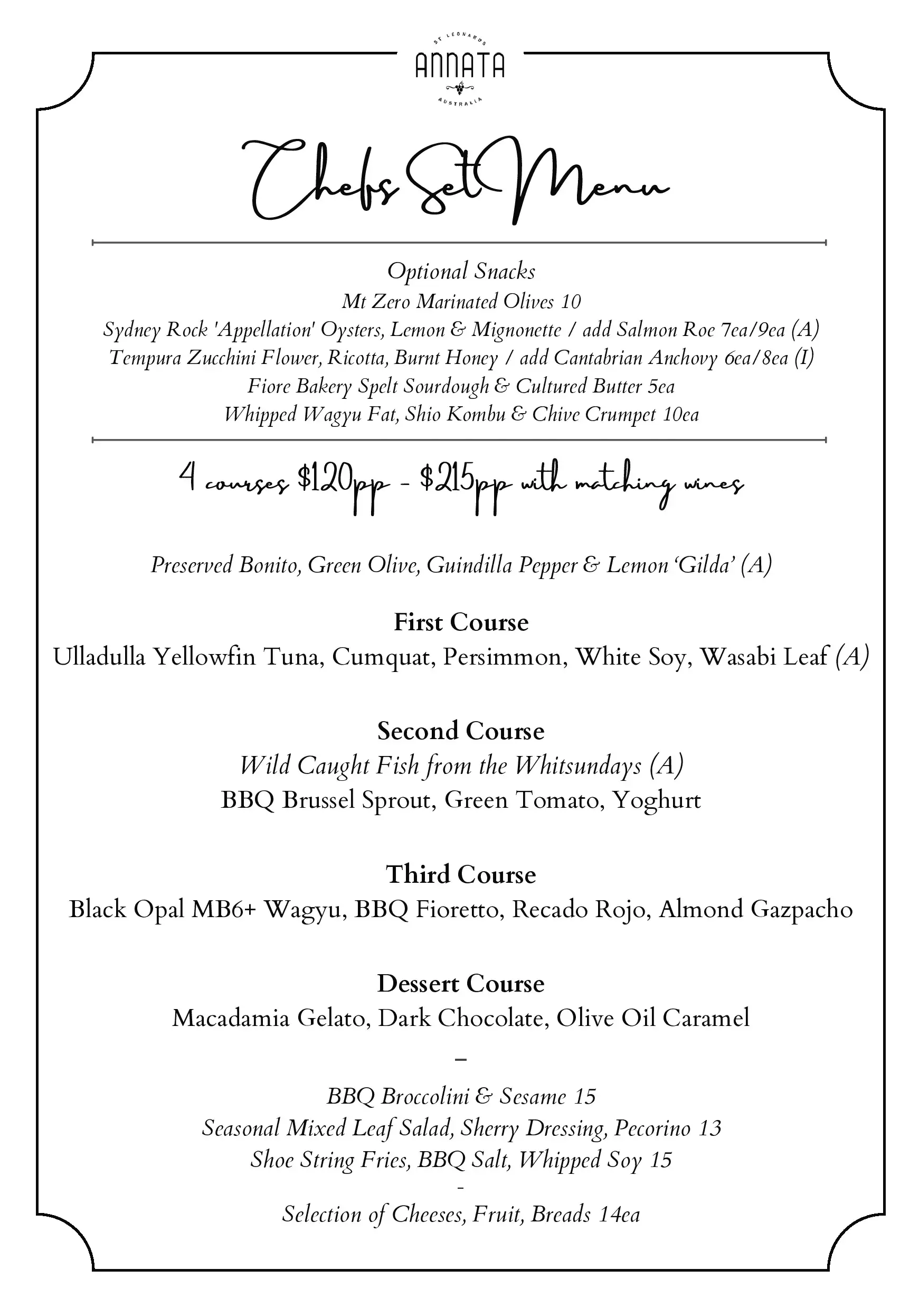 Menu with wine pairing at Annata