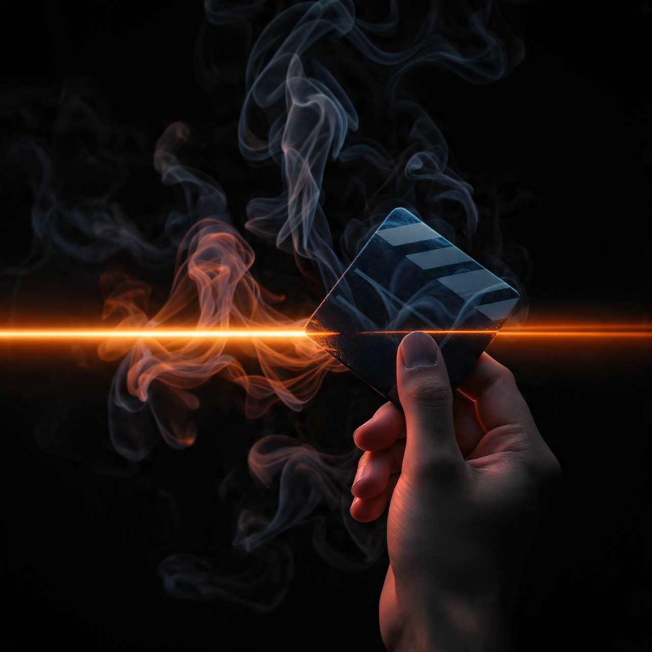 A hand holds a partially melted credit card, intersected by a glowing, horizontal orange laser beam. Gray smoke swirls around on a black background.