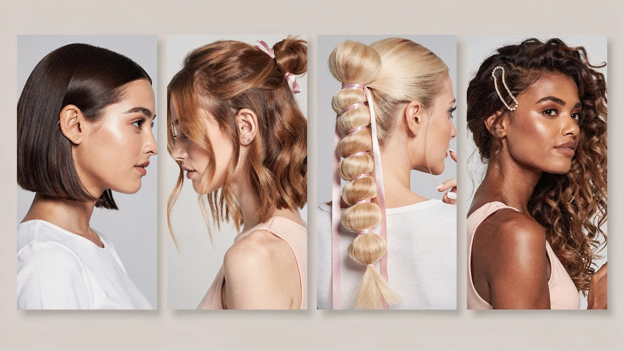 A collage-style image showing five cute 2026 hairstyles: a glossy micro bob with a side tuck, a half-up bow style on medium hair, a ribbon braid on long hair, a sleek bubble ponytail, and defined curls with a decorative clip.