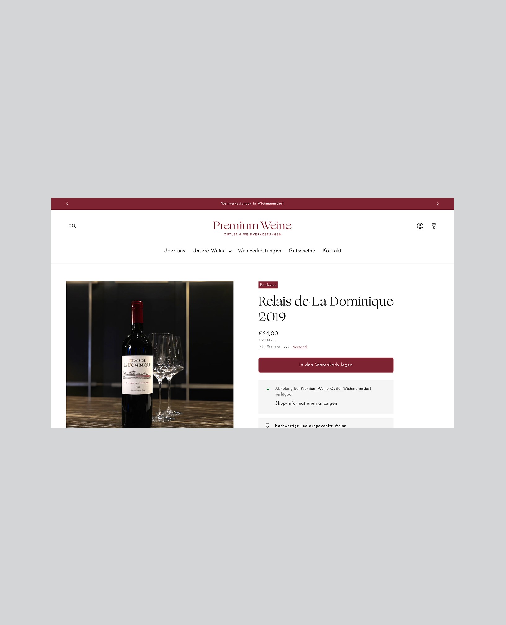 Produktseite des Premium-Weine-Onlineshops mit Weinflasche, Produktinformationen und Kaufoption.