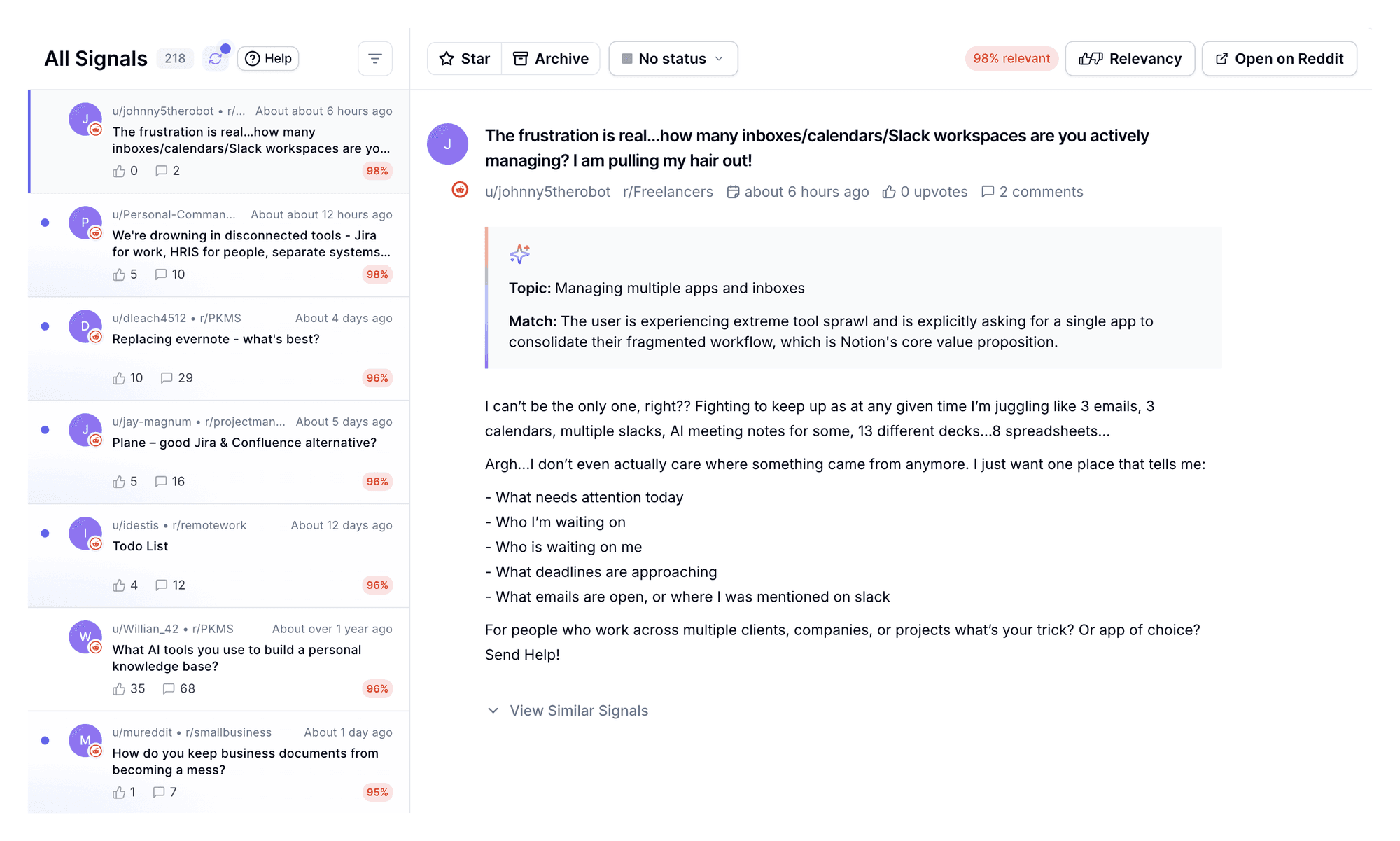 Sensorhub signals for Notion: comparison threads and category questions scored by relevance and intent