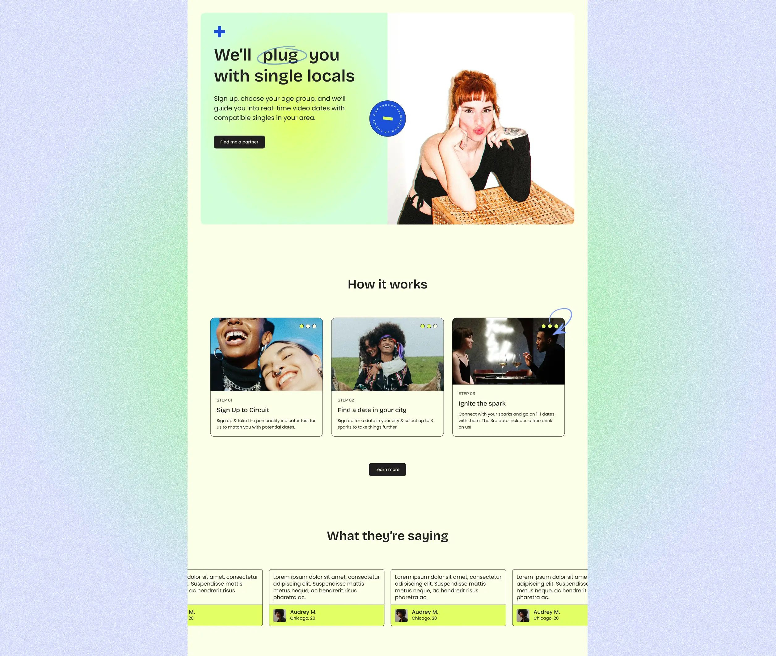 Full-length mockup of the Circuit homepage layout on a soft purple and green gradient.