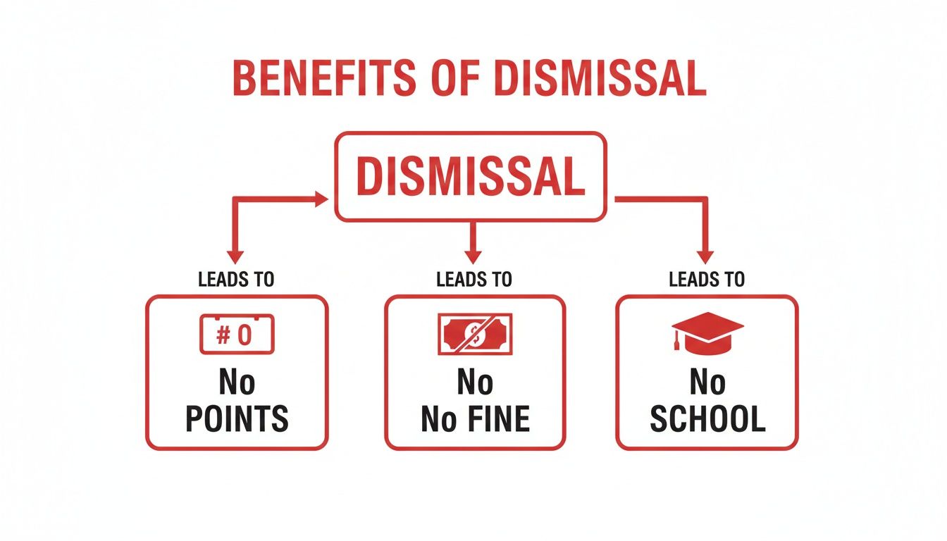 Infographic titled 'Benefits of Dismissal' showing it leads to no points, no fine, and no school.