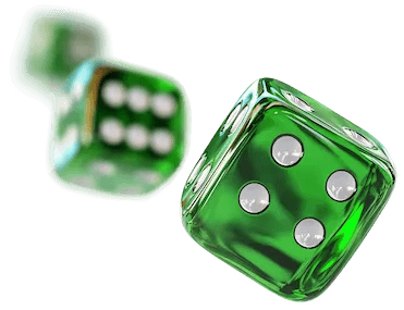 Two green translucent dice floating on black background