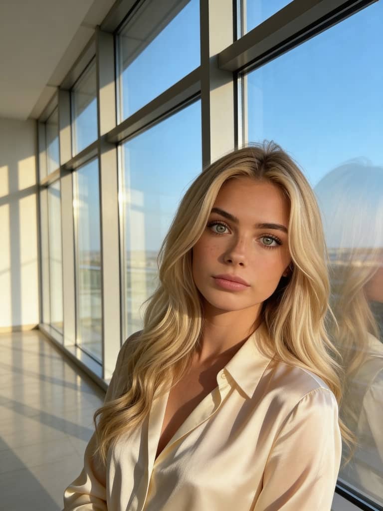 Seedream 4.5 elegant woman indoor portrait, soft lighting