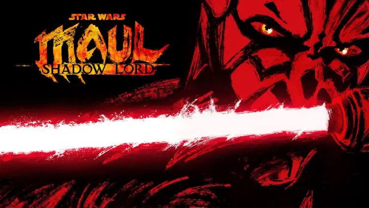 A fiery and intense illustration depicts a menacing character from "Star Wars: Maul - Shadow Lord" with glowing yellow eyes and a red and black face, wielding a bright red lightsaber in the foreground.