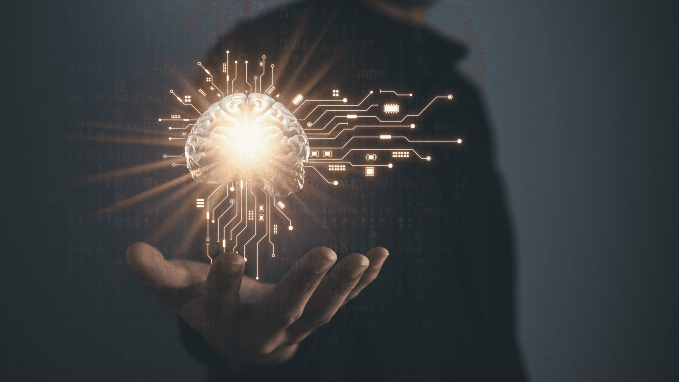 Symbolische Darstellung von künstlicher Intelligenz mit leuchtendem Gehirn und digitalen Schaltkreisen – Konzeptbild für LLM-Optimierung und KI-basiertes SEO.