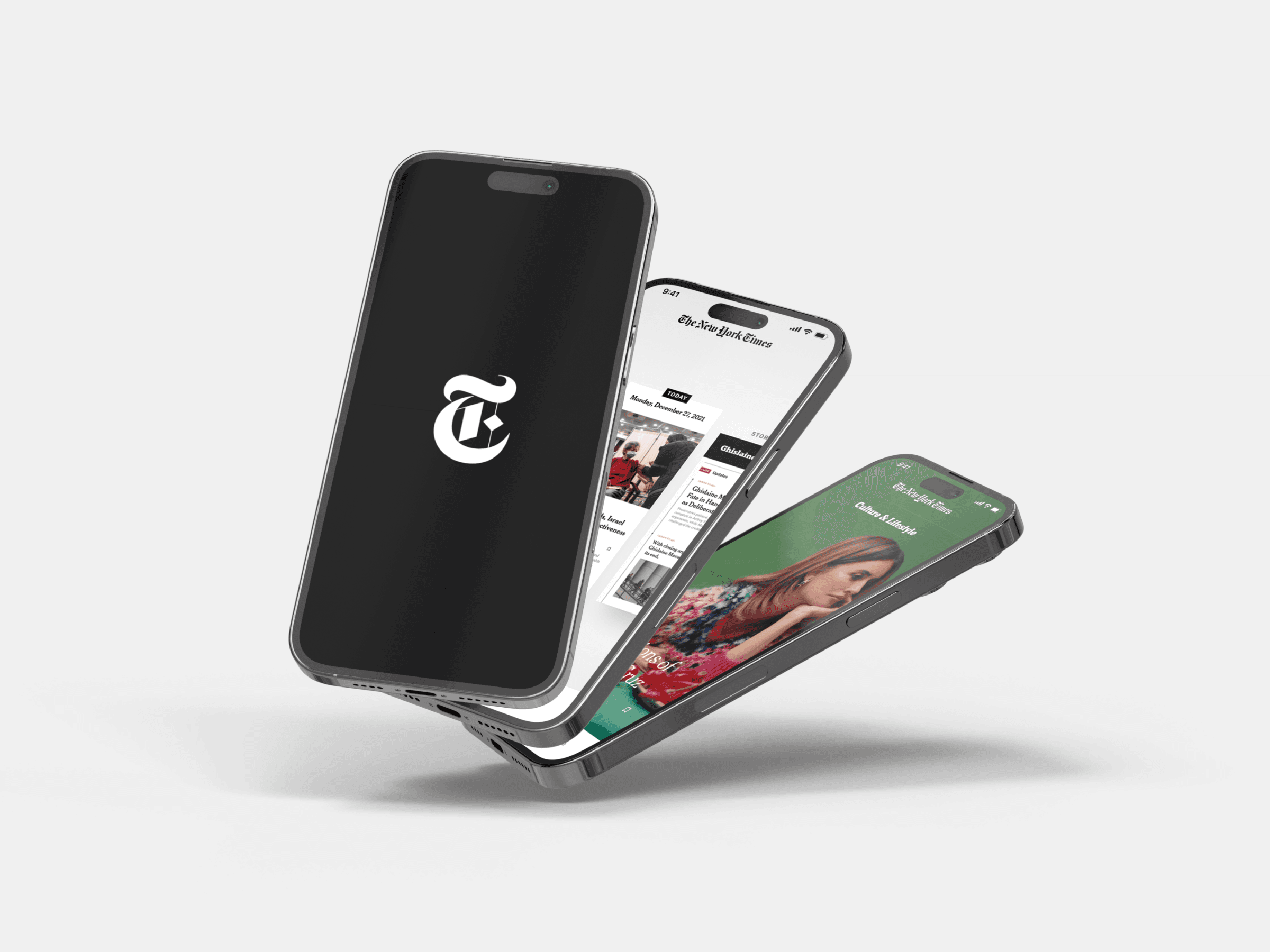A stack of three phones with images of The New York times web application.