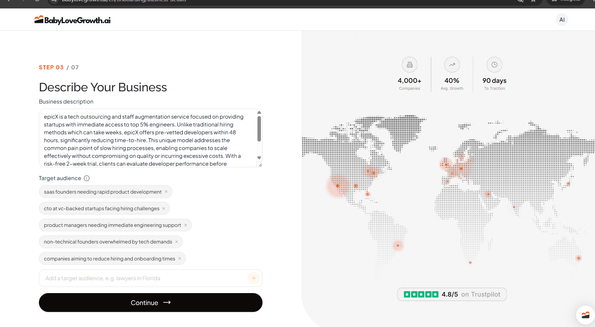 BabyLoveGrowth onboarding step 3 with an auto-written business description and target audience tags