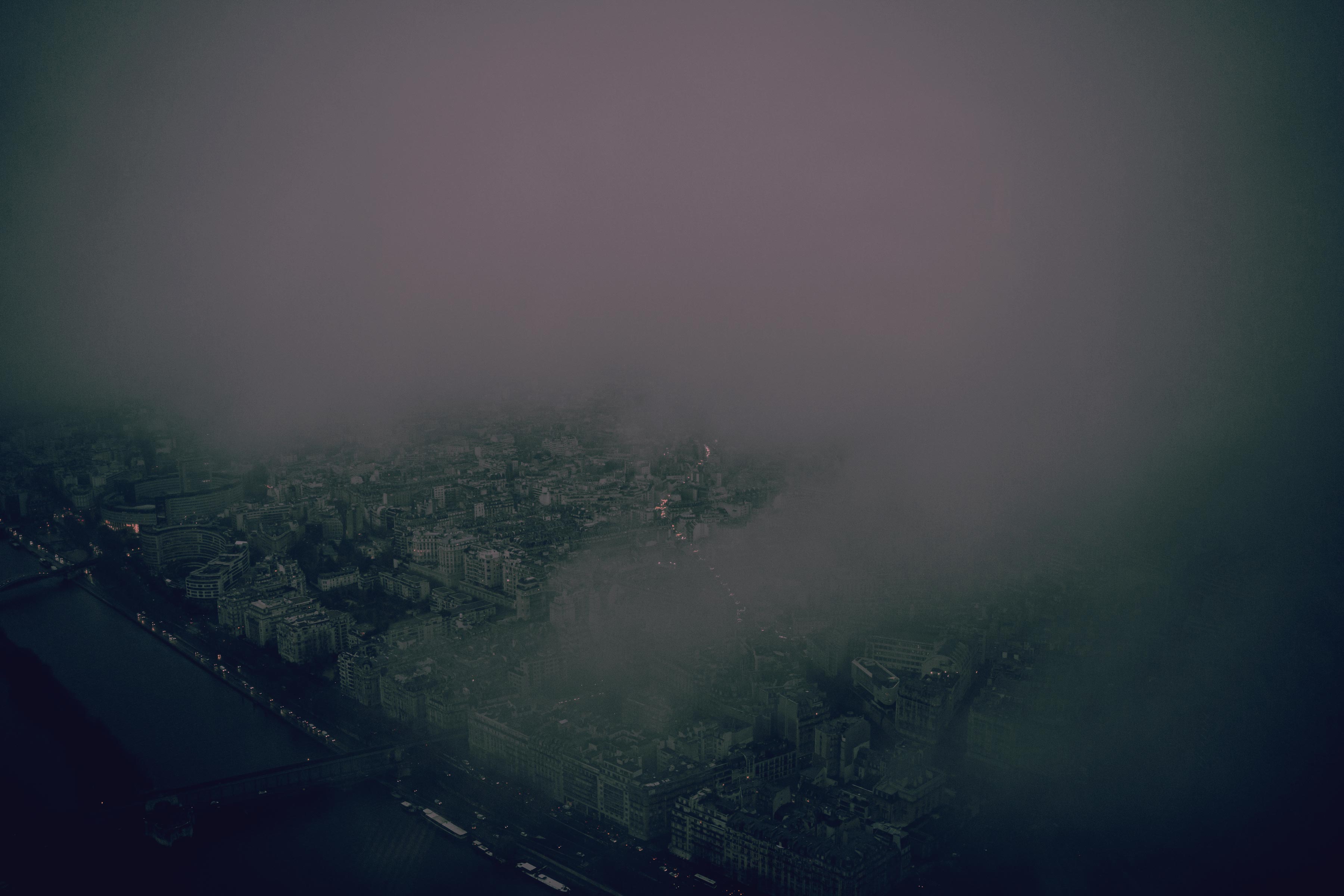 foggy nighttime cityscape