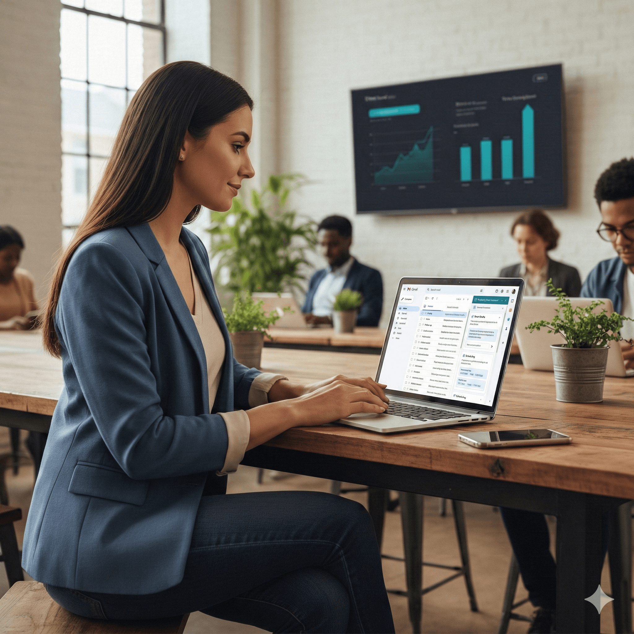 A woman in a blue blazer works on a laptop displaying email automation software, with a screen showing charts in the background, embodying modern workplace efficiency and technology.