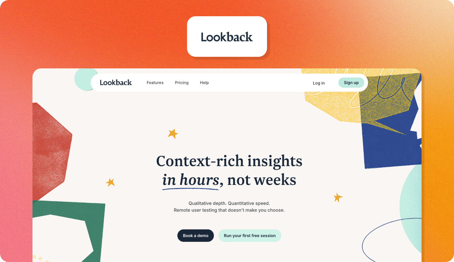 Lookback homepage showing the tagline "Context-rich insights in hours, not weeks" promoting remote user testing with qualitative depth and quantitative speed
